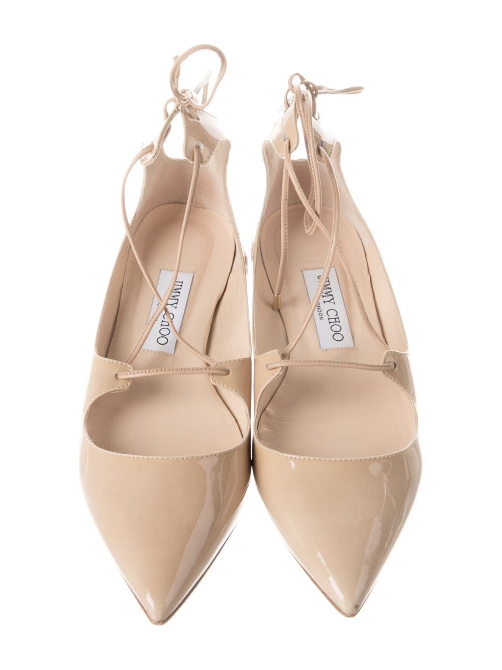Jimmy Choo Beige Patent Leather Pointed Lace-Up Flats